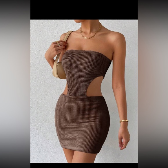 Brown Cut Out Waist Tube Bodycon Dress - Picture 3 of 6